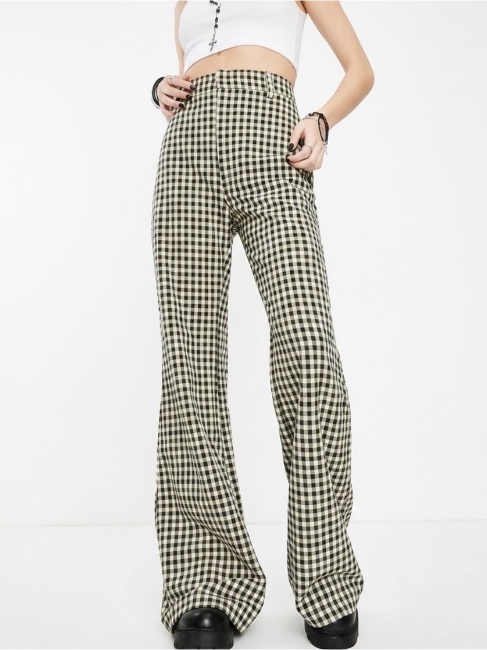 NEW Free People Jules Gingham Wide-Leg Pants size 12 green black